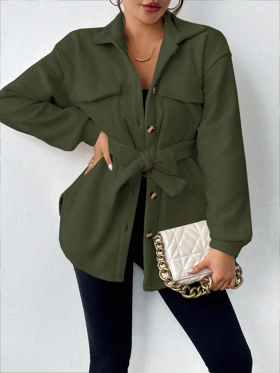 SHEIN LUNE Chaqueta casual de unicolor, versátil para el transporte, otoño/invierno - Verde Oscuro - View 1
