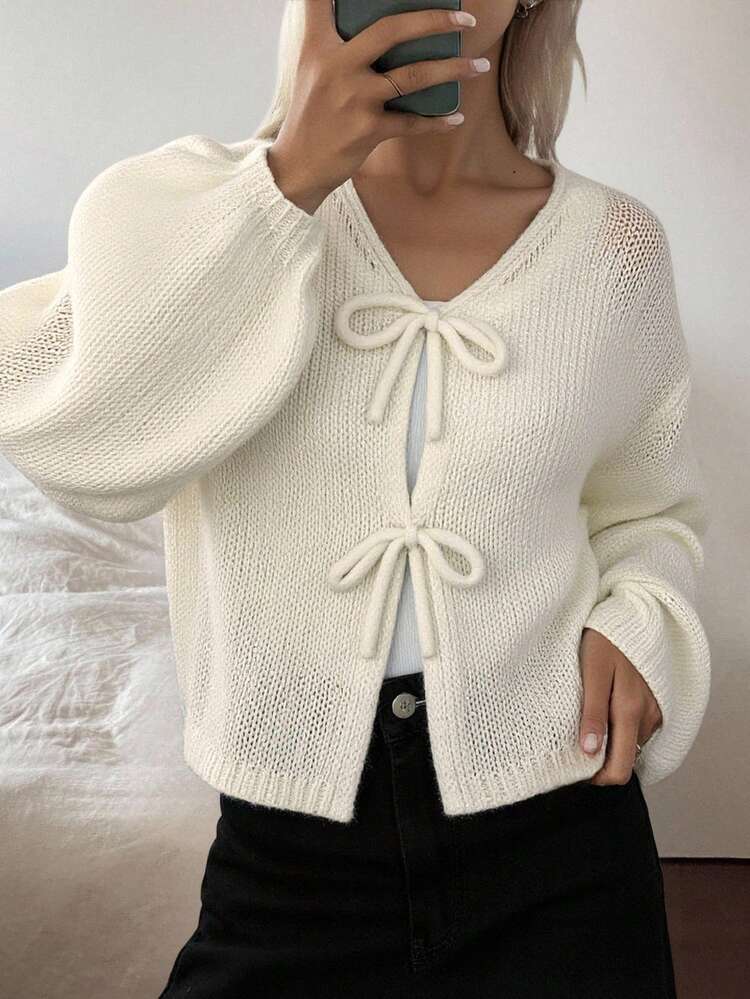 Women's Bowknot V-Neck Loose Casual Soft Cardigan, New Style For Autumn/Winter
