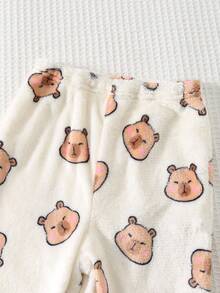 Cozy Pixies 2 件婴幼儿水豚和熊图案针织柔软圆领长袖运动衫和松紧腰厚裤套装，秋冬保暖室内服装 - 彩色 - 查看 8