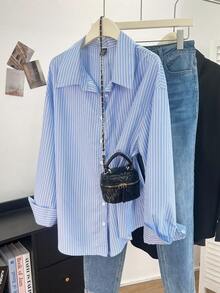 Franclia Chemise tissée décontractée rayée grande taille, automne/hiver - Bleu azur - Voir 1