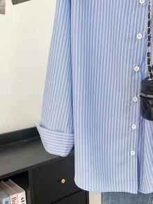 Franclia Chemise tissée décontractée rayée grande taille, automne/hiver - Bleu azur - Voir 5