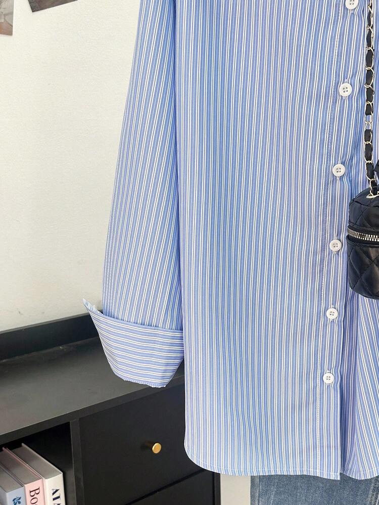 SHEIN Franclia Plus Size Striped Casual Woven Shirt, Autumn/Winter Baby Blue Shirt Stripe Shirt Blue And White Shirt Blue Striped Shirt Light Blue Blouse - Blue - View 5