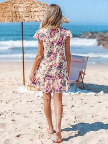 Sylviya Women's Casual Romantic Floral Print Ruffle Hem Short Dress Summer Dresses For Women Summer Dress Dresses For Women Summer Vacation Vacation Dress Boho Women's Clothing Flowy Dress Ruffle Shorts Casual Dress Going Out Dress Fairy Dress,Bohemian Clothes - Multicolor - View 2