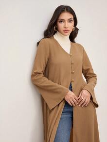 Veilorie Metal Buckle Bell Sleeve Long Sleeve Textured Jacquard Minimalist Casual Long Abayas For Women - Khaki - View 4