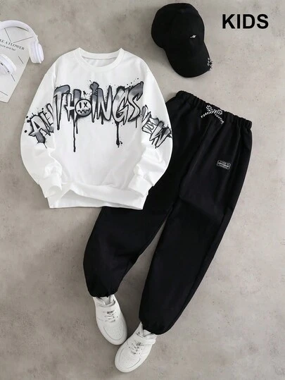 PAVTROS 2 件/套时尚白色连帽衫搭配橄榄绿色裤子，适合青少年男孩的时尚服装，连帽衫采用绿色定位印花，面料柔软舒适，适合春季/秋季，适合上学、郊游等多种场合。