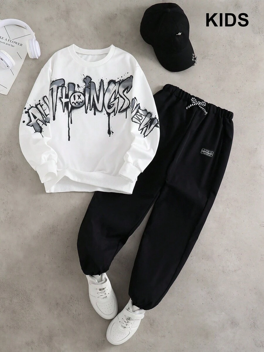 PAVTROS 2 件/套时尚白色连帽衫搭配橄榄绿色裤子，适合青少年男孩的时尚服装，连帽衫采用绿色定位印花，面料柔软舒适，适合春季/秋季，适合上学、郊游等多种场合。 - 黑色 - 查看 1