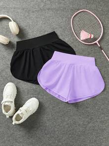 SHEIN Tween Girls 2-Piece Outfit, Solid Black & Purple, Simple Design, Loose Fit, Comfortable, Versatile, Casual, Athletic, High Waist For Snug Fit Effect, All-Match Shorts & Sports Pants, Moisture-Wicking, Sweat Absorbing, For Spring/Summer, School, Campus, College Girls Athletic Shorts Double Layer Shorts  Workout Shorts For Women Running Shorts Girls - Multicolor - View 2