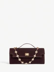 SHEIN SXY 女士，女式手提包，绒面革，棕色，钻石链装饰，时尚，奢华，优雅，简约，个性化，多功能，复古，复古，适合约会，日常，购物，下午茶，鸡尾酒会，派对，舞会，俱乐部，约会，生日，晚上，约会之夜，宴会