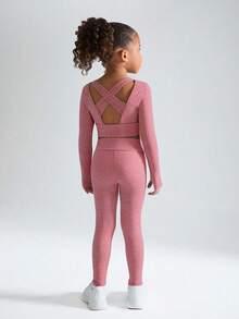 SHEIN Young Girls Fashion Set, Round Neck Long Sleeve Criss-Cross Hollow Back Design Top & Skinny Pants, Suitable For Casual Everyday Wear, All Seasons - Red - View 7