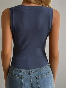 DAZY Women's Solid Color Round Neck Fitted Sports Tank Top - Blue - View 2