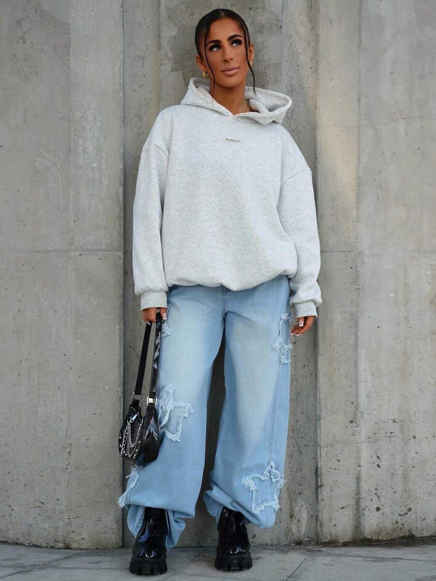 SAYEHFBABY Jeans lavados con estampado de estrella de patrón grunge y de estilo atlético para mujer - Celeste - Ver 1