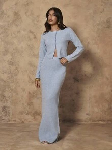 Almamuse New Autumn French Elegant Lady Elegant Versatile Blue Knitted Women Sweater 2 Pieces Set - Blue - View 1