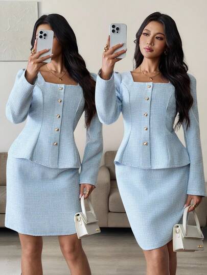 Chiquease 2件套女士休闲通勤简约粗花呢套装