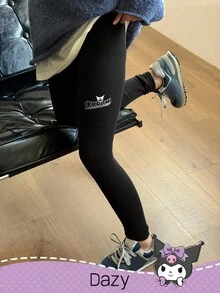 HELLO KITTY AND FRIENDS | SHEIN DAZY Tween Girl Letter Graphic Knitted Thermal Lined Leggings,Winter - Black - View 4