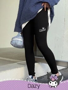 HELLO KITTY AND FRIENDS | SHEIN DAZY Tween Girl Letter Graphic Knitted Thermal Lined Leggings,Winter - Black - View 5