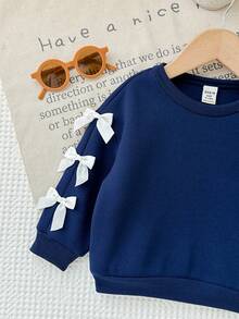 SHEIN Babygirl 可爱百搭海军蓝蝴蝶结长袖卫衣，秋冬 - 藏蓝色 - 查看 5