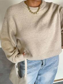 Dazy Plus Einfarbiger, rundhalsiger, langärmeliger, kurzer, modischer, lässiger Pullover-Sweater, Herbst/Winter