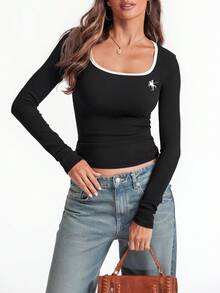 INAWLY Women's Knight Print Trim Square Neck Long Sleeve Casual T-Shirt - Black - View 4