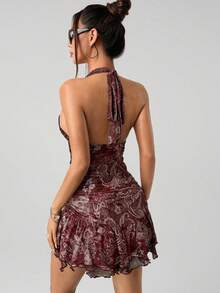 SHEIN ICON Halter Vintage Contrast Color Paisley Print Bodycon Ruched Asymmetric Hem Mini Dress,Dresses For Women Party - Burgundy - View 2