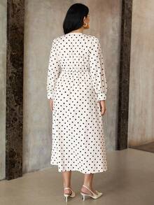 Roveilla 大码波尔卡圆点V领束腰复古连衣裙 - 杏色 - 查看 2