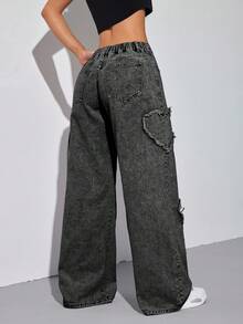 SHEIN PETITE 女式休闲百搭纽扣口袋阔腿直筒牛仔裤 - 黑色 - 查看 2