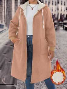 SHEIN LUNE 秋冬季加大码保暖内衬连帽拉链长袖夹克 - 棕色 - 查看 1