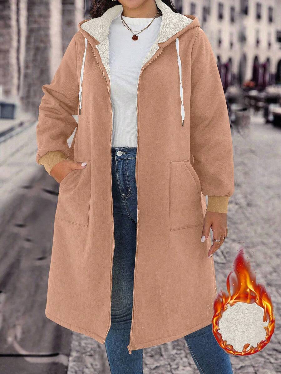SHEIN LUNE 秋冬季加大码保暖内衬连帽拉链长袖夹克 - 棕色 - 查看 1