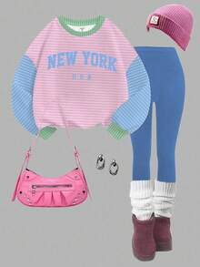 SHEIN 2 件套青少年女孩休闲条纹拼布“纽约”图案运动衫和紧身裤套装，舒适的马卡龙色，适合秋冬季 - 彩色 - 查看 3