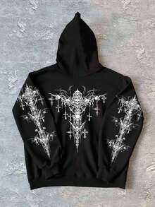 ROMWE MEN Goth Punk Street Style Hooded Zip-Up Thermal Lined Sweatshirt Jacket, Autumn/Winter - Black - View 2