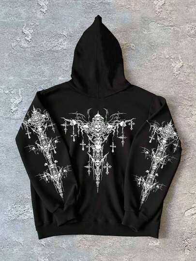 Grunge Punk Chaqueta con capucha con cremallera y forro térmico, estilo punk callejero, para otoño/invierno