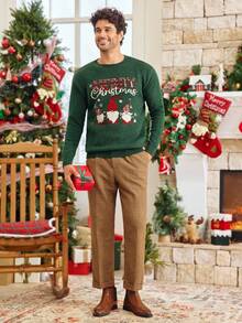 Manfinity VCAY 男士圣诞元素图案针织毛衣，略宽松套头衫，适合秋冬季节，尽显新年魅力 - 綠色 - 查看 7