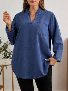 EMERY ROSE Plus Size Women V-Neck Rolled Sleeve Casual Pocket Denim Blouse Blue Shirt Women Oversized Oversized Shirts For Women Musera Plus Size Blue Denim Shirt Women Autumn Plus Size Plus Size Denim Shirt