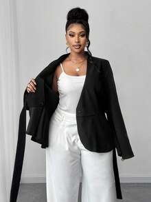 Maweii Plus Size Elegant V-Neck Crossed Bowknot Ruffle Hem Long Sleeve Casual Outerwear For Autumn/Winter - Black - View 5