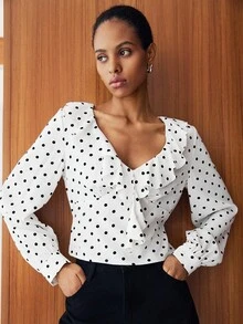 Lumivelle Women's V-Neck Ruffle Patchwork Elegant Polka Dot Long Sleeve Cinched Waist Commuter Blouse - White - View 5