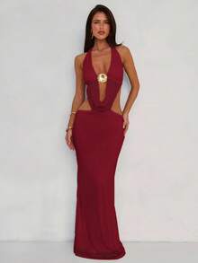 Aloruh 女式度假深 V 海星纯色米色纹理挂脖露背高开衩连衣裙 - 酒紅色 - 查看 5