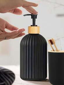 Bathroom Vanity Set, Includes Lotion Dispenser And Toothbrush Holder With Bamboo Lids Home Bathroom Decor Fall Decor Back To School - Black - View 3