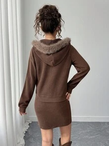 2 件套青少年女孩毛衣连帽夹克和紧身迷你裙套装，秋季时尚套装 - 灰色 - 查看 2