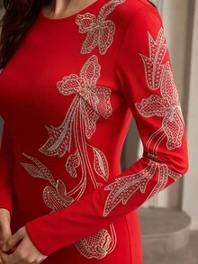 ZEYLAH Women's Floral Embroidery Round Neck Long Sleeve Fitted Elegant Dress - Red - View 2