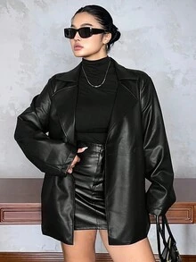 Dazy Plus 大码女士优雅PU皮夹克，翻领系腰设计，秋冬女式外套 - 黑色 - 查看 4