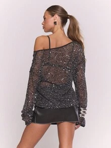 MUSERA Sequin Knit Scoop Neck Long Sleeve Top Western Country   Cute Sexy Streetwear Festival Y2k Boho Midwest Winter Party Elegant  Summer - Black - View 2