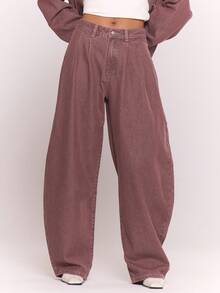 MUSERA Barrel Pleat Washed Denim Jeans Y2k Cool Girl Streetstyle Everyday Casual Fall Autumn Winter Cute Cosy Casual Spring Summer - Red Violet - View 2