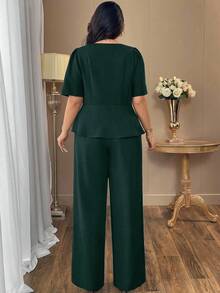 Auvina Áo khoác sơ mi đen trơn cổ vuông thanh lịch cỡ lớn dành cho nữ + Quần ống rộng cạp cao thời trang đi chơi, sang trọng và thoải mái - Màu xanh lá cây đậm - Xem 2