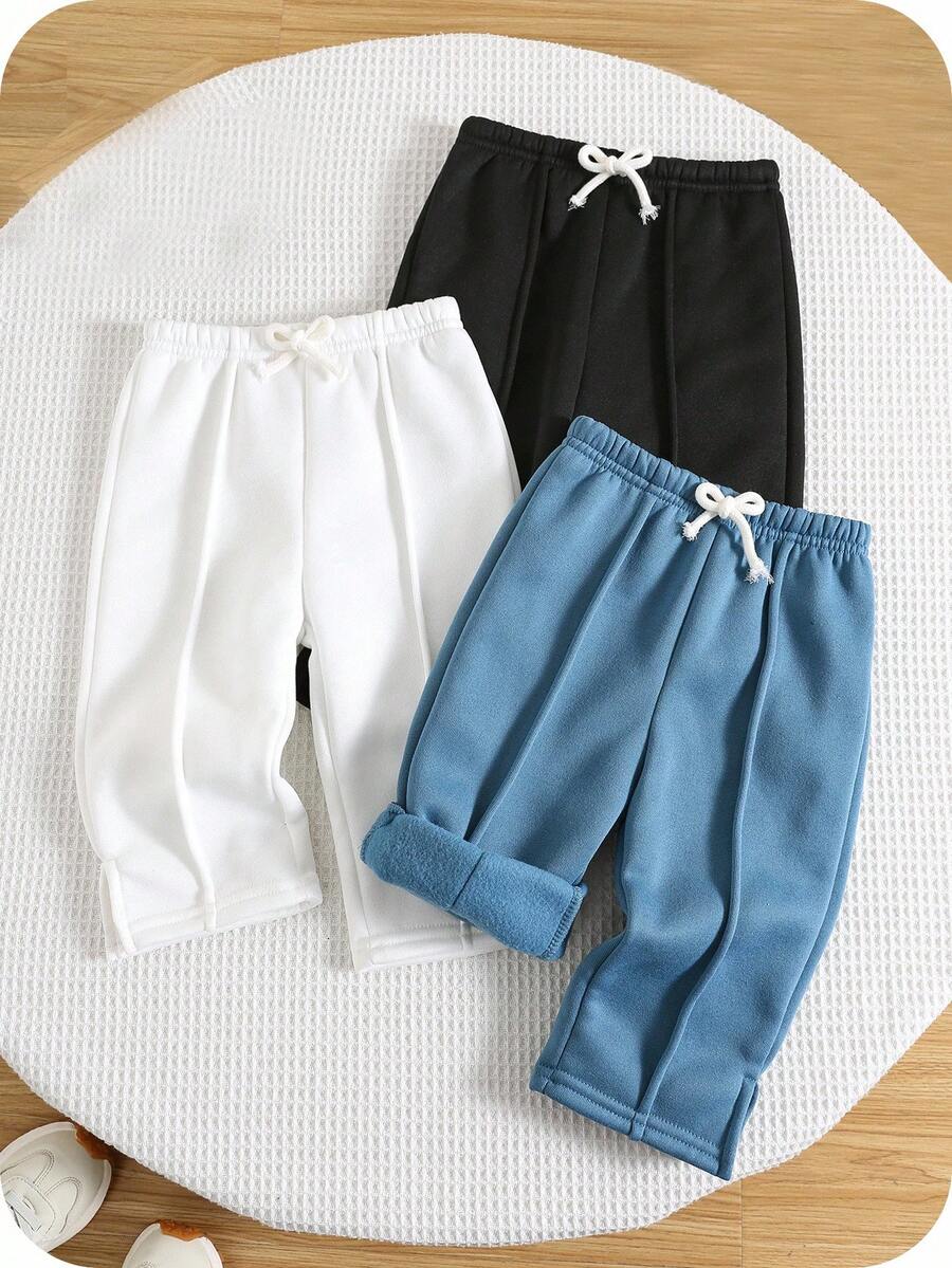 SHEIN 3件套男童/女童纯色针织柔软松紧腰喇叭裤 - 黑與白 - 查看 1