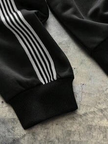 AXEPEAK 男士撞色条纹和字母印花连帽衫和运动裤套装，秋冬装 - 黑色 - 查看 6