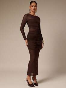 Silquee Đầm ôm xếp ly lưới cổ tròn tay dài màu trơn cho nữ - Cà phê nâu - Xem 5