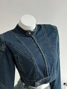 Elamini 休闲百搭长袖短款女式牛仔夹克 - 深色水洗藍 - 查看 5