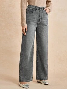 Écloséra 女款寬鬆休閒牛仔褲，帶側口袋與寬腿設計 - 淺灰色 - 查看 5