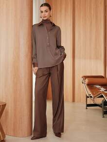 SHEIN Unity Weite Hose mit lockerer Passform für Damen, hochwertige Lässig Hose mit drapiertem Effekt, schlankend, Kaffeefarben, geeignet für Frühling & Herbst