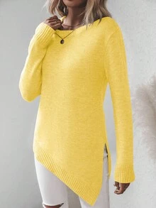EMERY ROSE Lässiger einfarbiger Pullover mit asymmetrischem Saum und Seitenschlitz, Herbst/Winter - Gelb - Übersicht 4