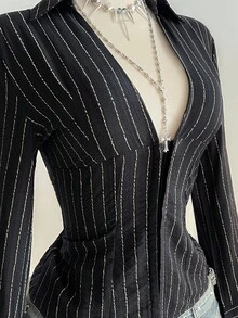 Elamini 1pc Black V-Neck Striped Collar Slim Fit Button-Up Long Sleeve Sexy Blouse For Commuting & Daily Wear, Winter - Black - View 4